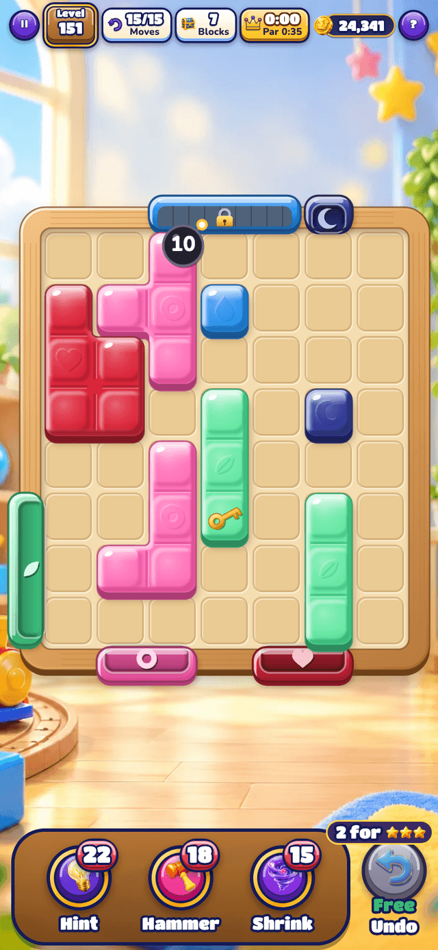 A Glossy Blocks board with a bomb counting down its moves, a padlocked door and a key block, with the free Undo button below