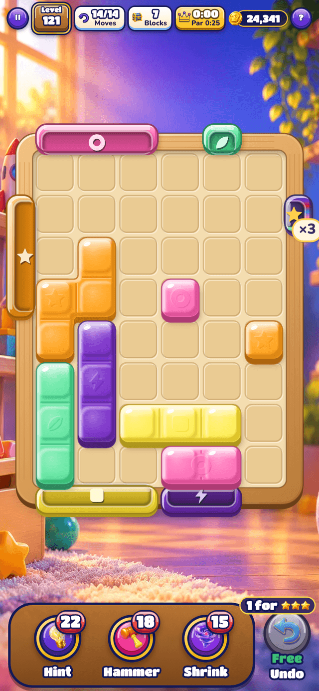 A board with a rainbow arch marked x3 that accepts several blocks, beside orange, purple and green blocks