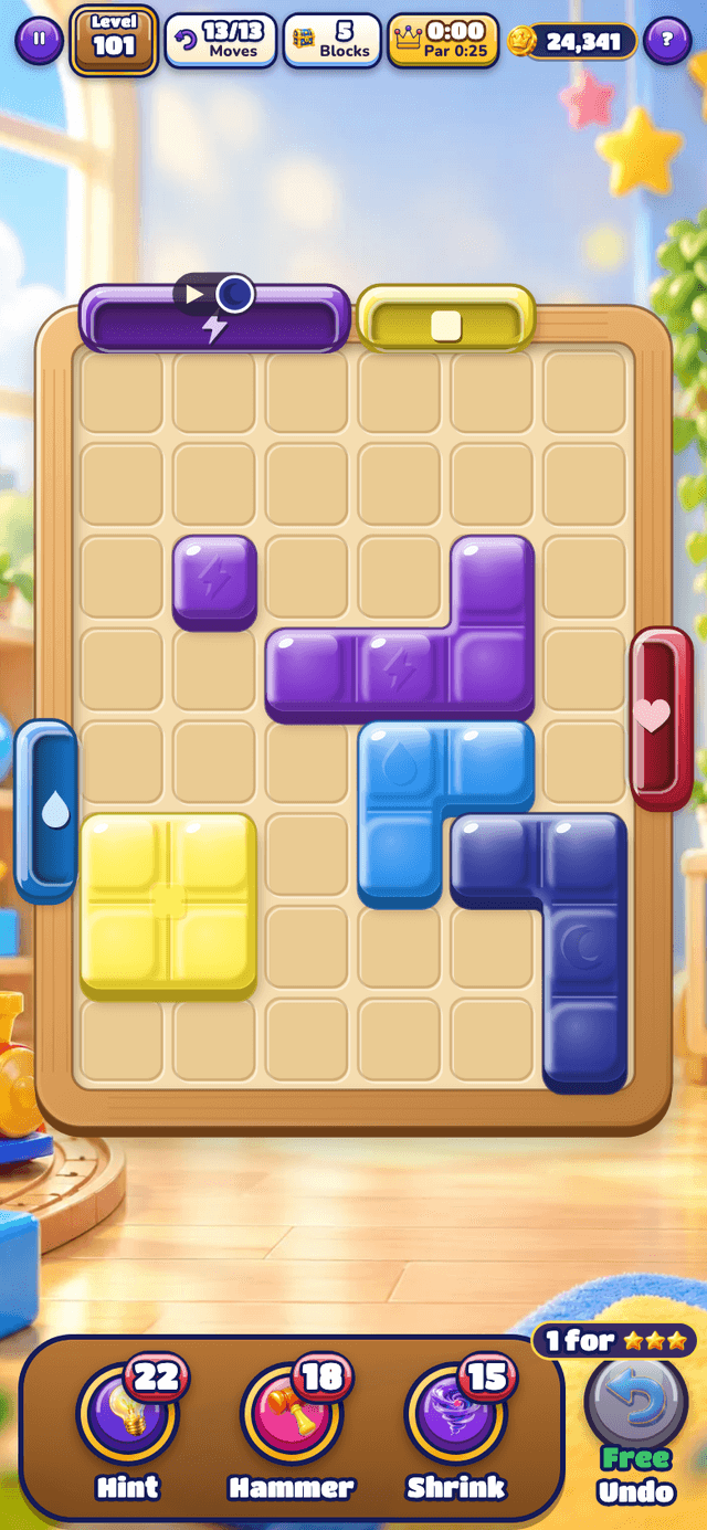 A board with a colour-cycling arch that switches to the next colour, next to L-shaped and square toy blocks